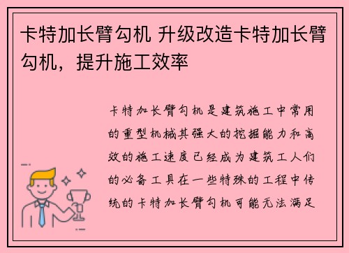 卡特加长臂勾机 升级改造卡特加长臂勾机，提升施工效率